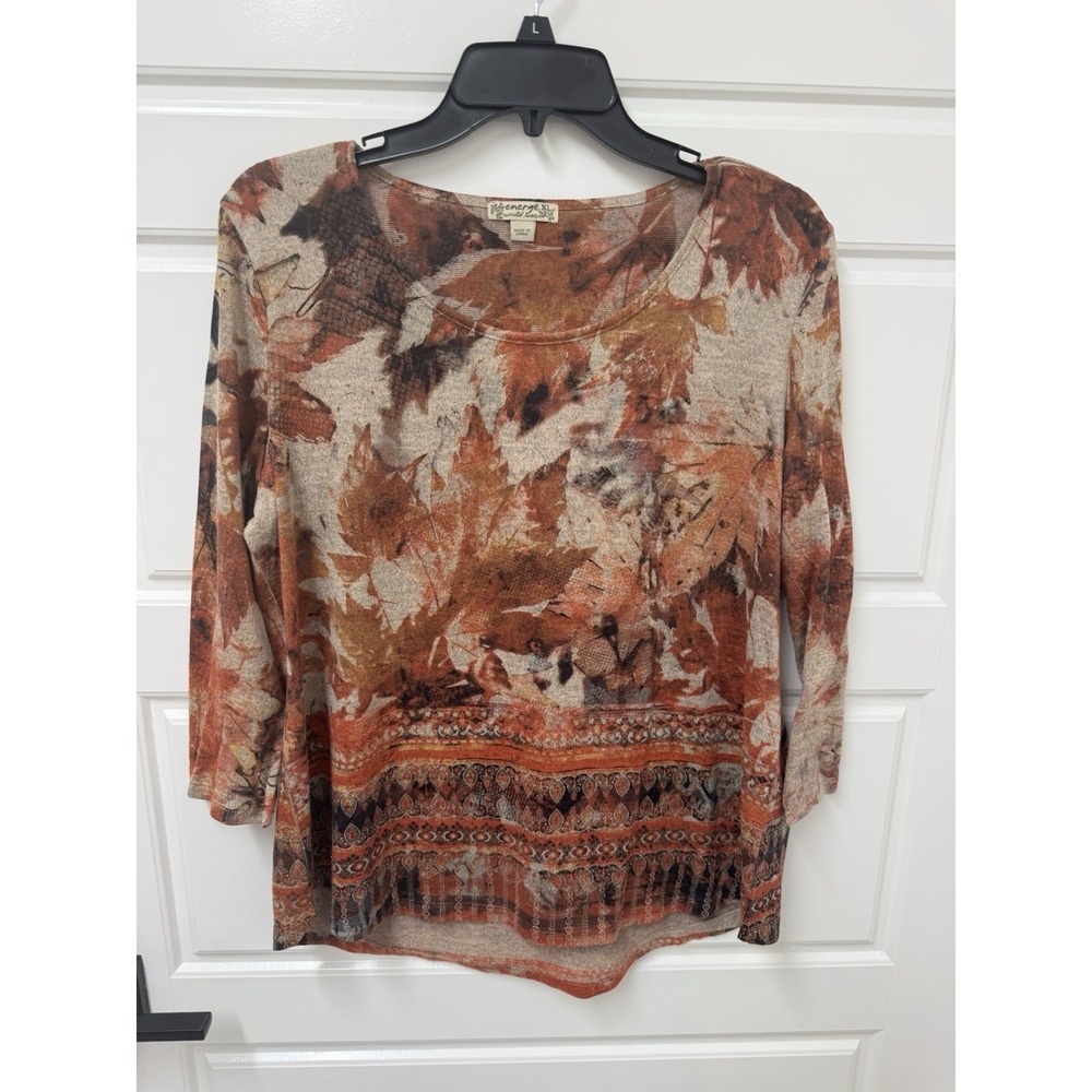Energe World Wear Women XL Scoop Neck Leaf Print Hi Lo Hem Top Multicolor